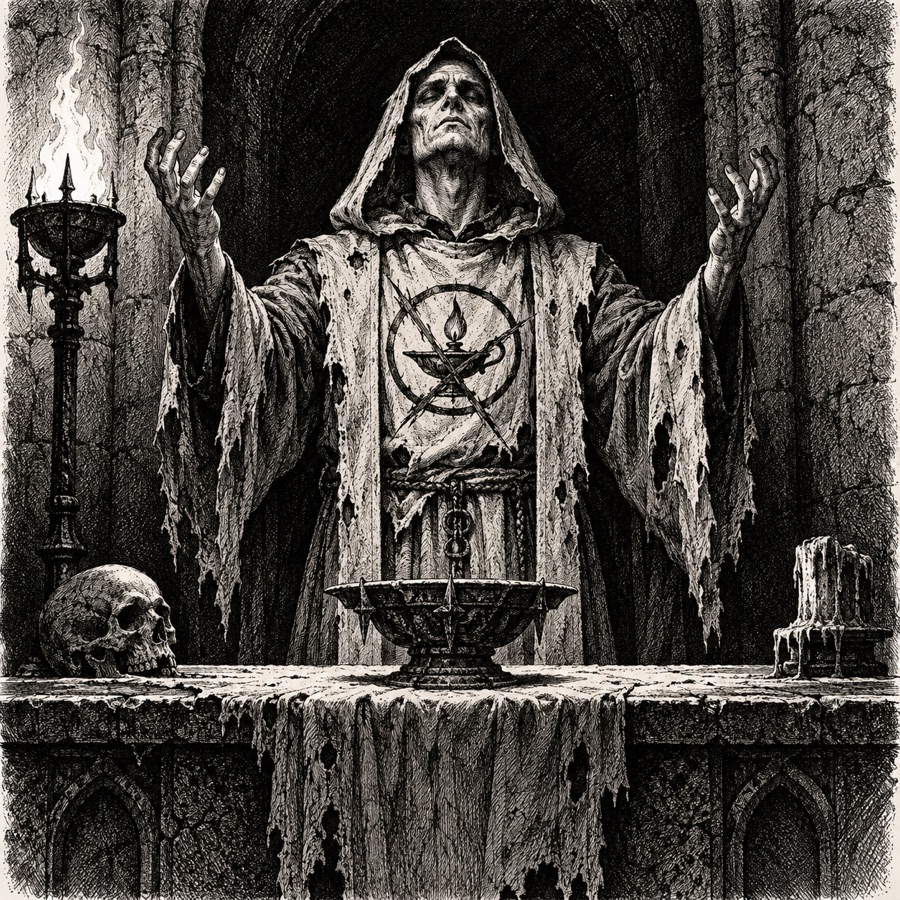 A grave priest in tattered Keeper's robes with the lamp sigil scratched out, leading a dark prayer before a cold altar.