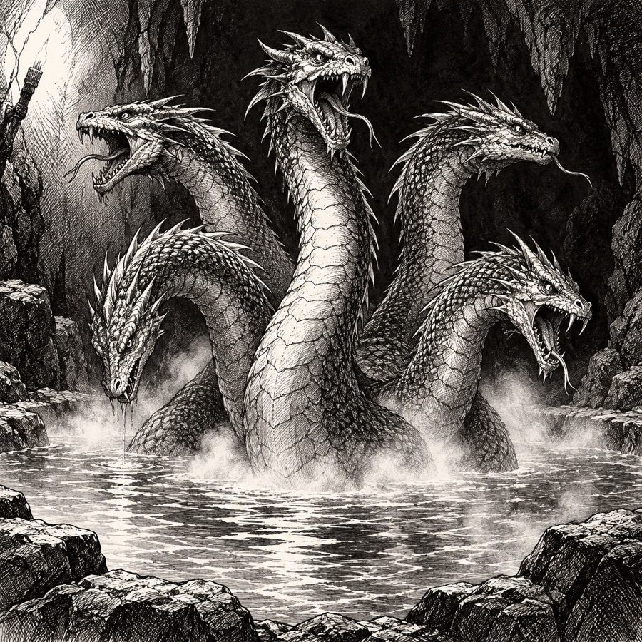 A five-headed hydra in a steaming pool, each head looking a different way.