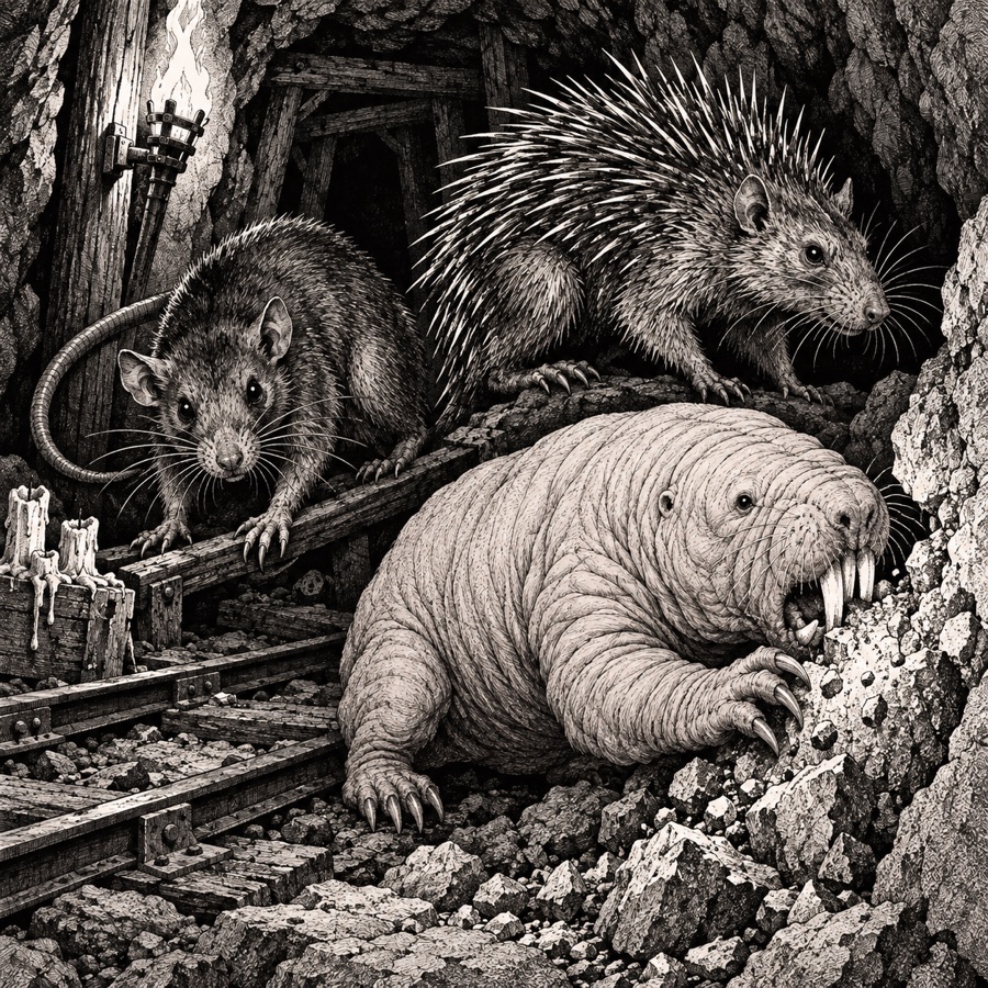 Rats of the upper workings: a cave rat, a bristle rat with needle quills and a pink wrinkled giant mole-rat chewing through rock, among candle stubs and mine rails.