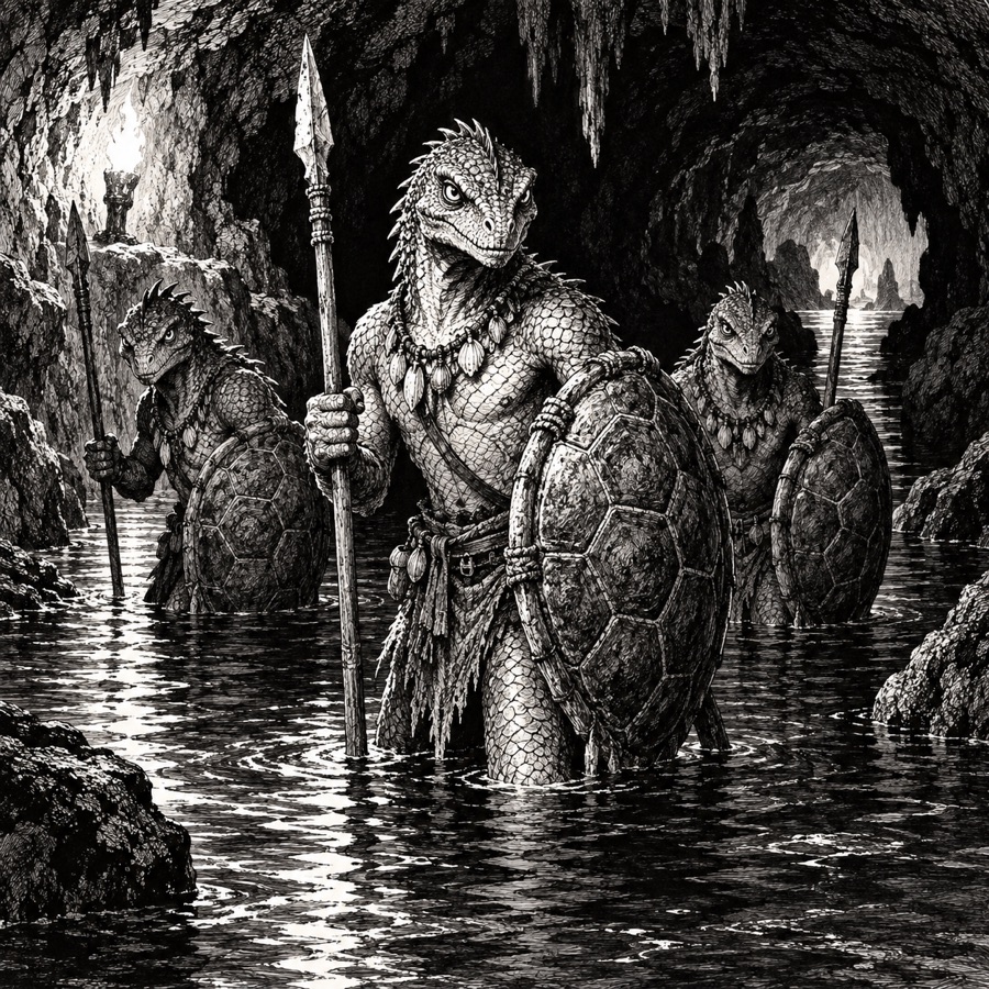 Scalekin warriors, a reptile people with spears and shell shields, standing in an underground river, watching the viewer warily.