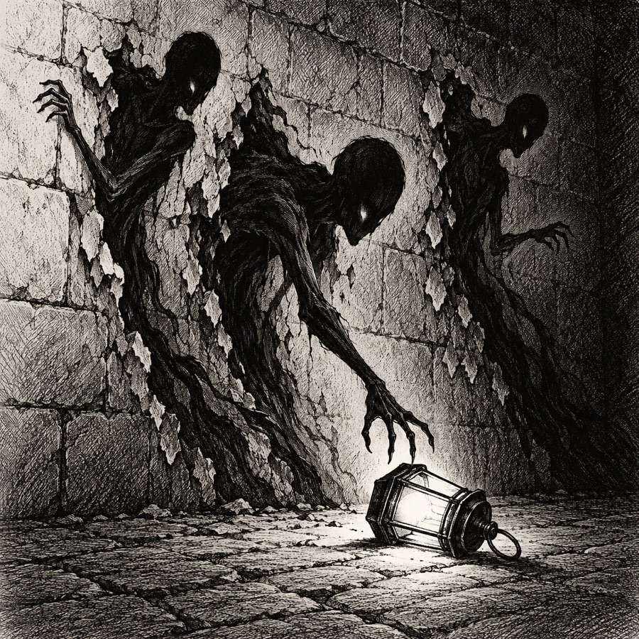 Shades: thin humanoid shapes of darkness peeling away from a wall, one reaching for a lantern on the floor.