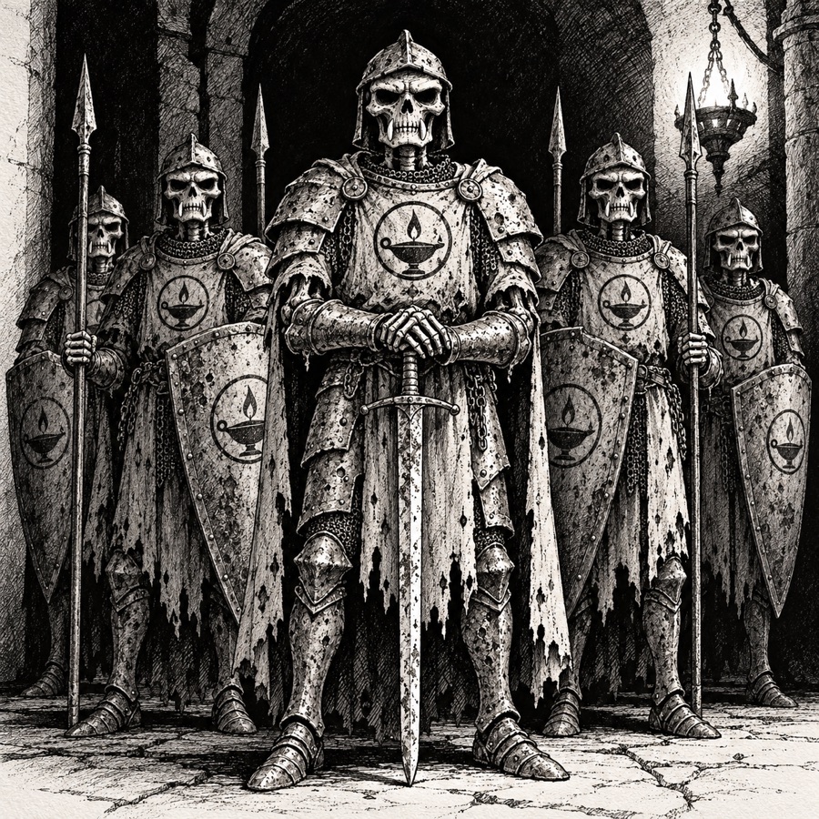 Skeleton knights of the Marrow Guard in rusted lamp-sigil armour, still standing in formation.