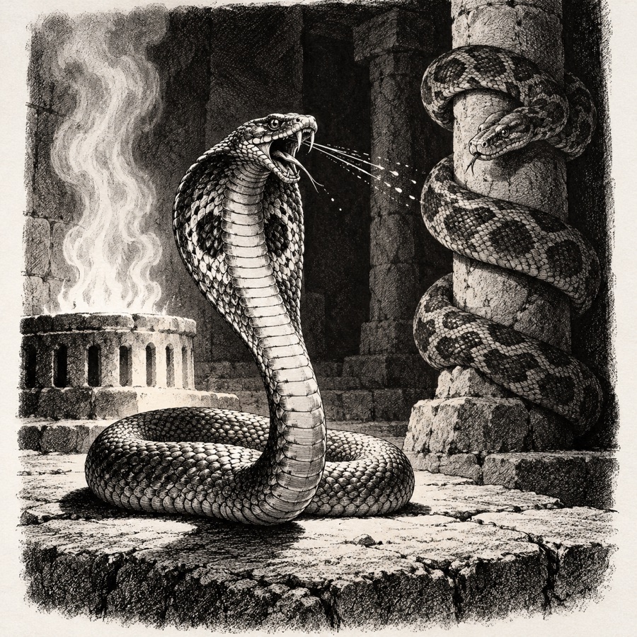 A spitting cobra rearing on warm stones near a vent of heat, a rock python coiled around a pillar.