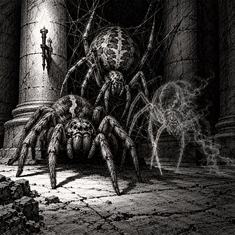 A wolf spider and a web weaver in a dark corner of a pillared hall, a phase spider half faded out beside them.