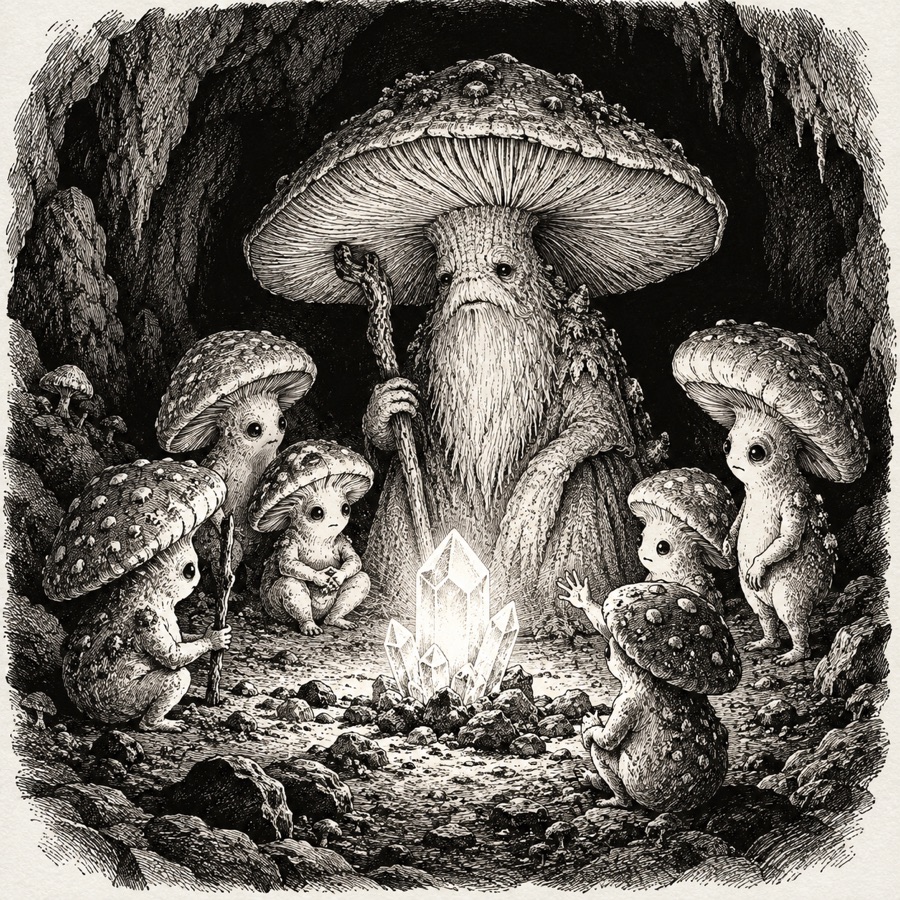 Sporelings and a puffcap elder, walking mushrooms, gathered around a faint glow crystal like a campfire.