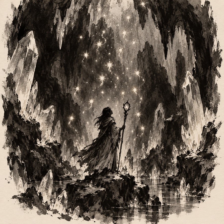Star wisps, tiny bright sparks drifting in a crystal cavern like snow that falls upward.