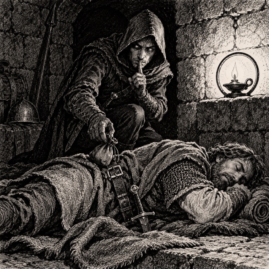 A sneak thief lifting a coin pouch from a sleeping delver's belt, finger to lips.