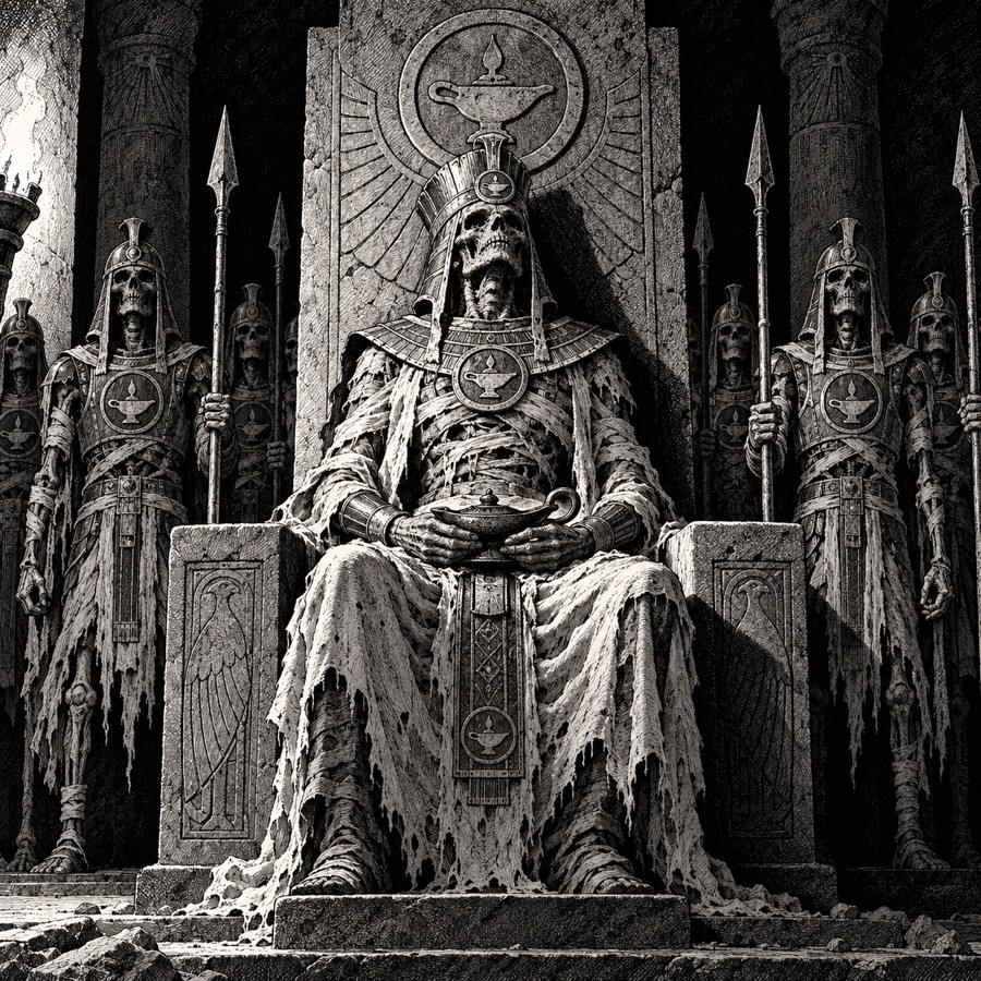 A tomb king, a mummified ruler on a stone throne with a cold, dead lamp in his lap, his Marrow Guard skeletons standing in rows.