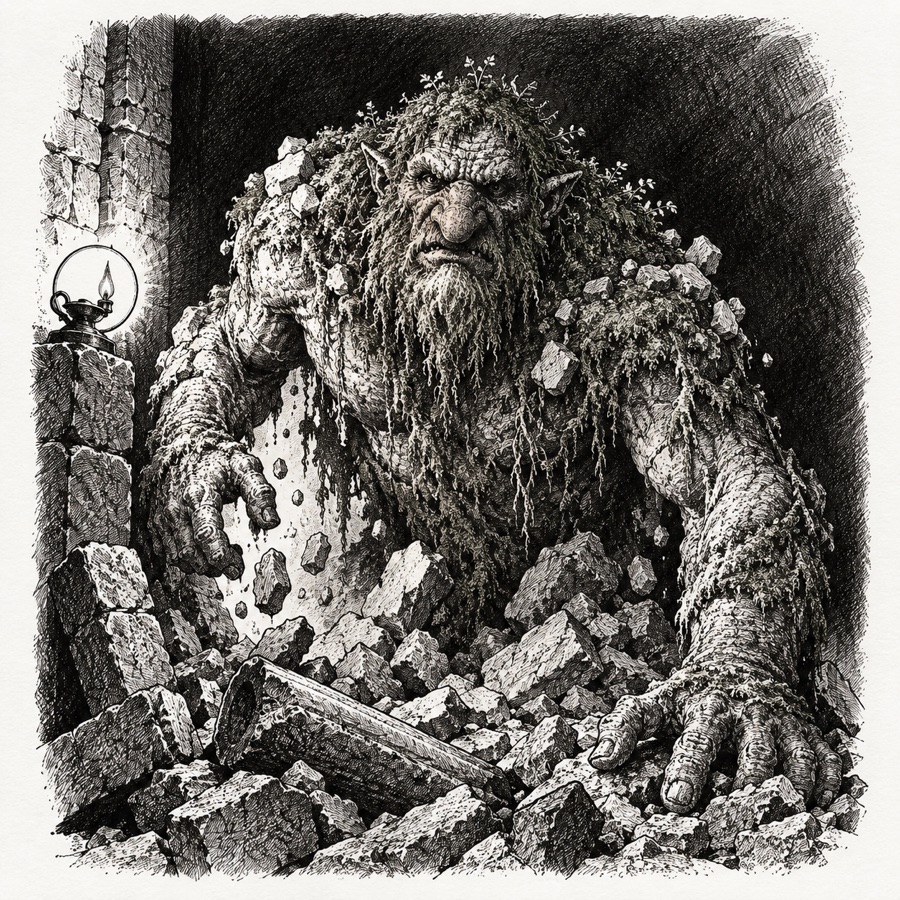 A moss troll rising out of a heap of rubble, stones still falling from its shoulders.