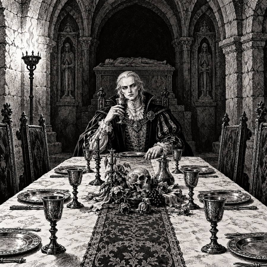 A vampire in old court clothes of Aurenhold at a crypt banquet table set for guests who never came.