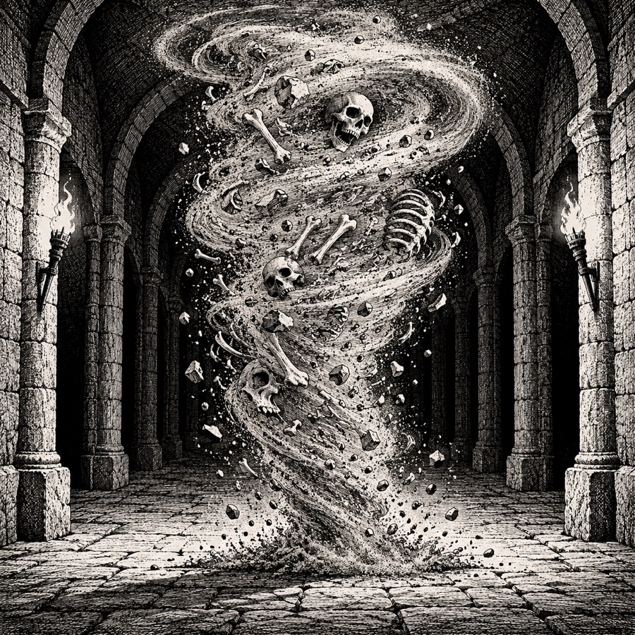 A dust devil of grit and bone fragments spinning down an empty hall.