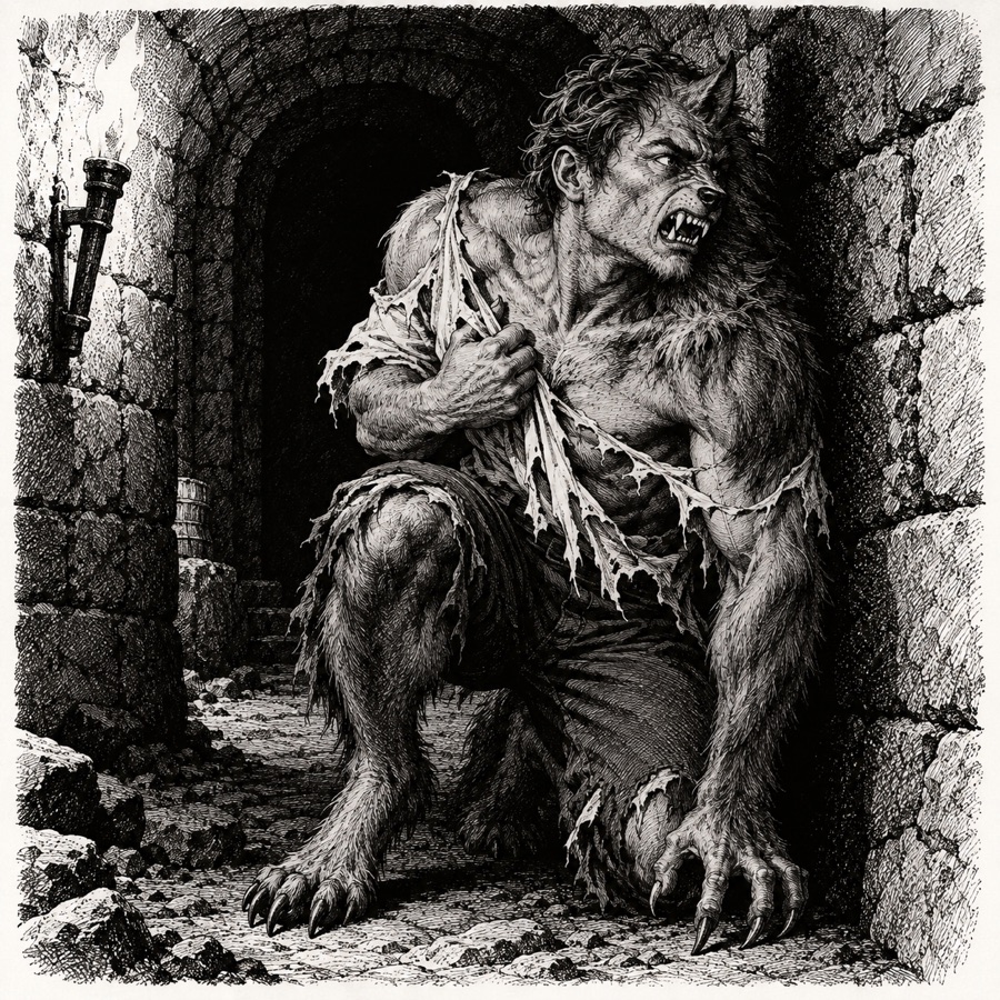 A man halfway through turning into a wolf, hiding in a side tunnel, clutching his torn shirt.