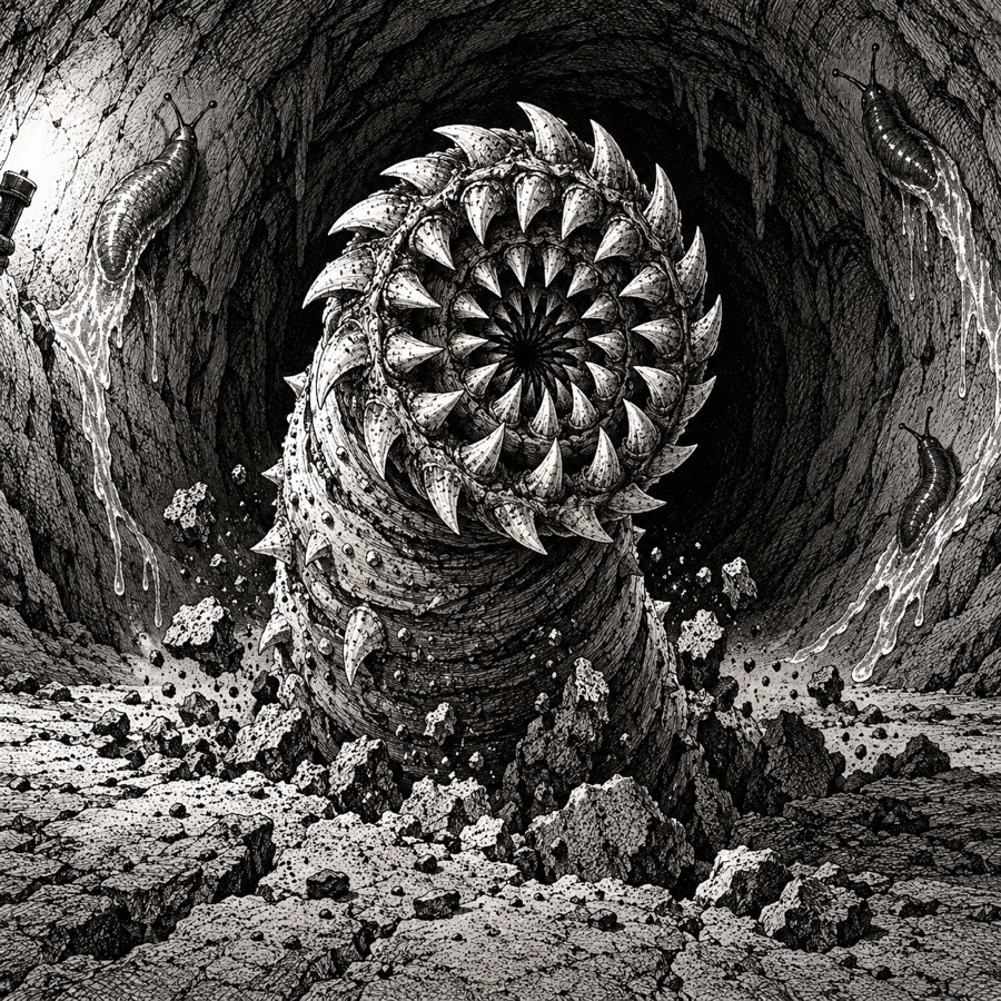 A rock borer bursting out of a tunnel floor, rings of grinding teeth, mire slugs leaving trails on the walls.