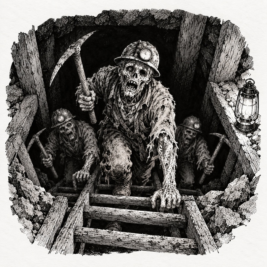 Shamblers in miners' clothes climbing a ladder out of a dark shaft, picks still in hand.