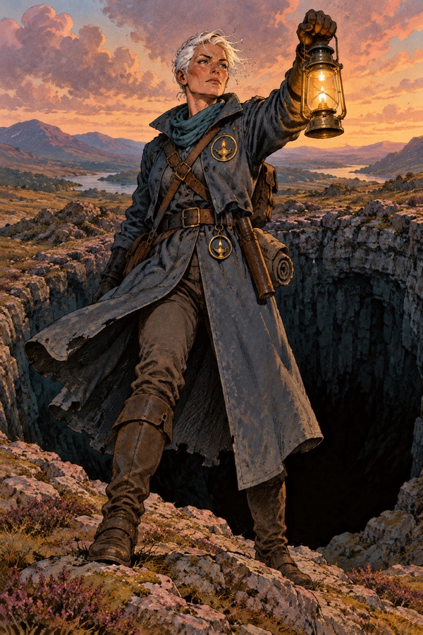 Caedra the First Keeper at about forty (fixed look), standing at the lip of a black sinkhole in the hills with her lantern raised, a cold wind tugging her coat.