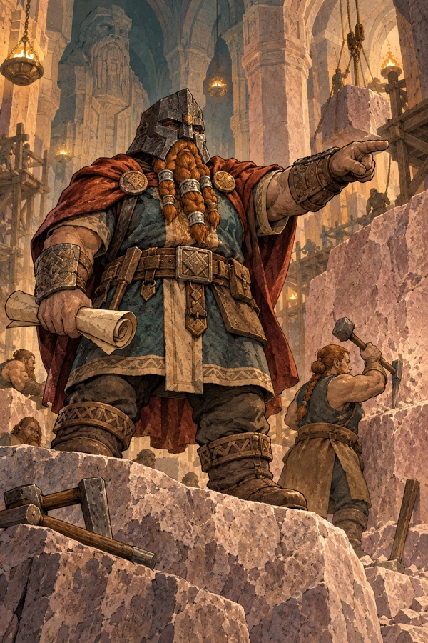Thane Gorran Deephall, a Stonekin lord wearing the Stonehelm of the Deep Halls (a great helm cut from one block of dark stone), directing masons cutting a vast hall.