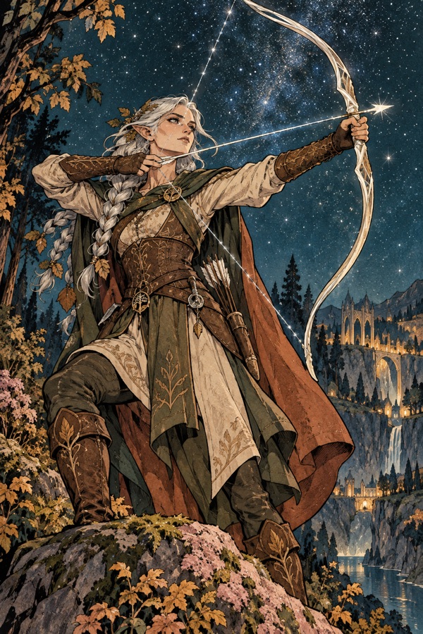 Ithrel Silverstring, a Sylvan archer with silver-white braids, drawing Starfall (a pale bow with a sparkling silver string) under a sky thick with stars.