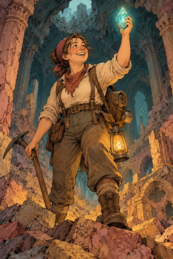 Marla Tunnick, a sturdy human prospector with a pick and a lantern, holding up the first glow crystal in a ruined hollow, delighted.