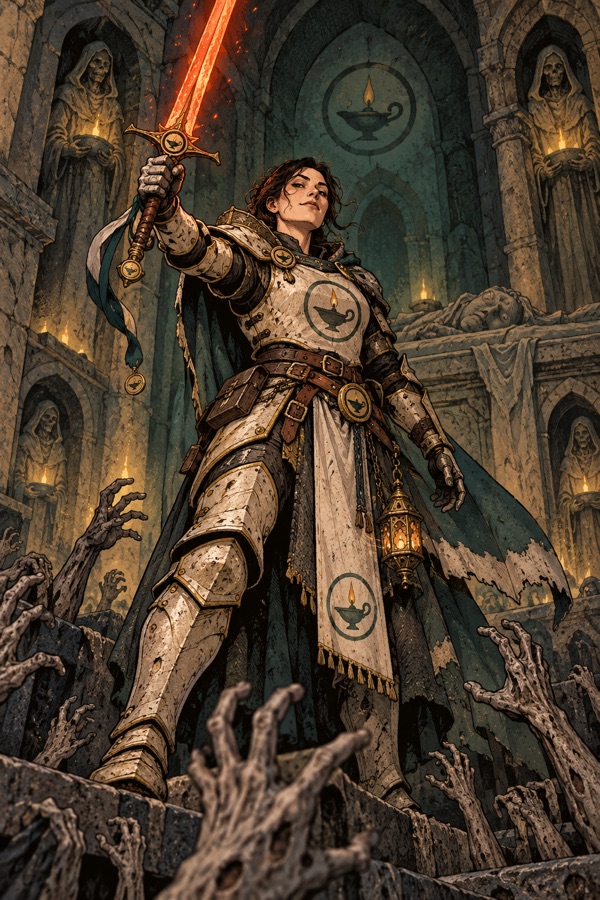 Dame Orsolya Vell, an Oathknight in lamp-sigil plate, holding up Embersong (a sword glowing like a coal) in a crypt full of reaching hands.