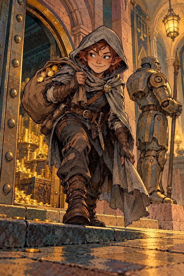 "Nobody" Quill, a Delver in the grey Mantle of Quiet Steps, slipping out of a bank vault with a sack of coins, the iron golem guard looking the other way.