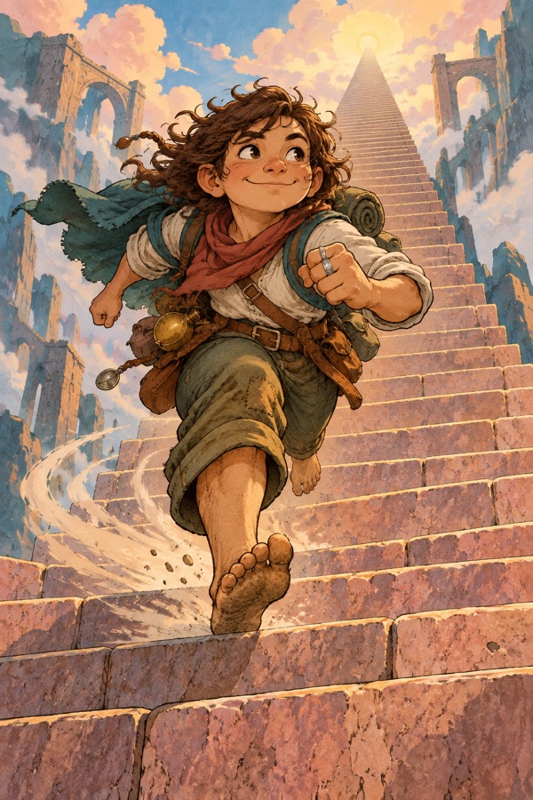 Wren Hallow, a Burrowfolk runner with the silver Band of Swift Feet on her finger, sprinting up an endless stair, a trail of motion behind her.