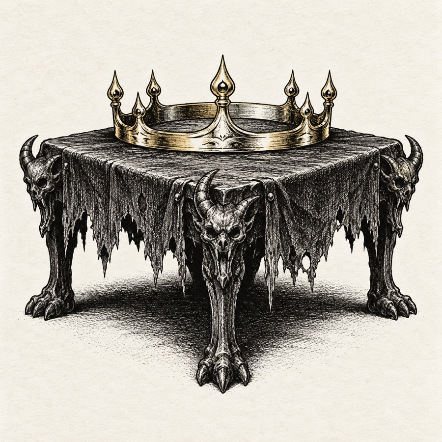 The Crown of Aurenhold, a plain gold circlet with lamp-shaped points, resting on a fiend's dice table.