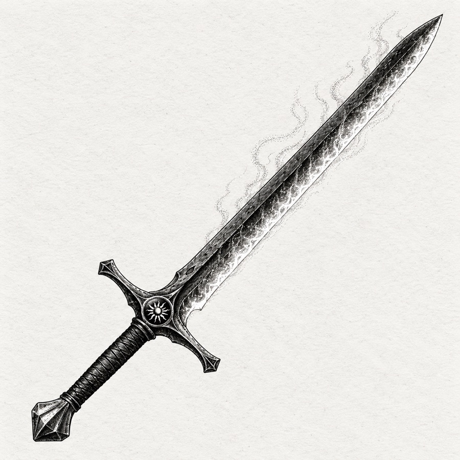 Embersong, a long sword whose blade glows like a coal along its edge, faint heat shimmer above it, an Ashborn forge-mark on the guard.