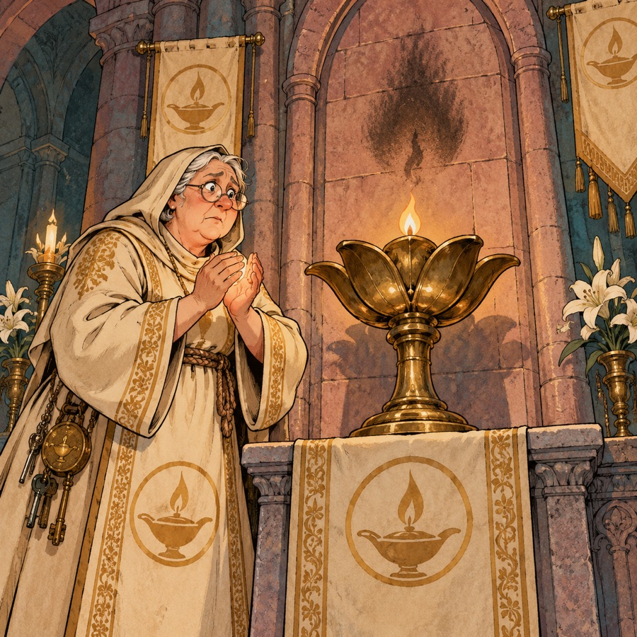 The Eternal Lamp on the temple altar in Lanternhollow, its flame slightly smaller than its old soot mark, Sister Ilvane watching it anxiously.