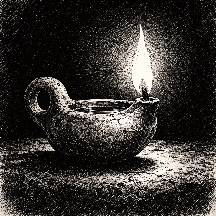 The First Lamp: a small, very old clay lamp of no known make, worn smooth by countless hands, holding a single bright ember-like flame that lights the whole plate.