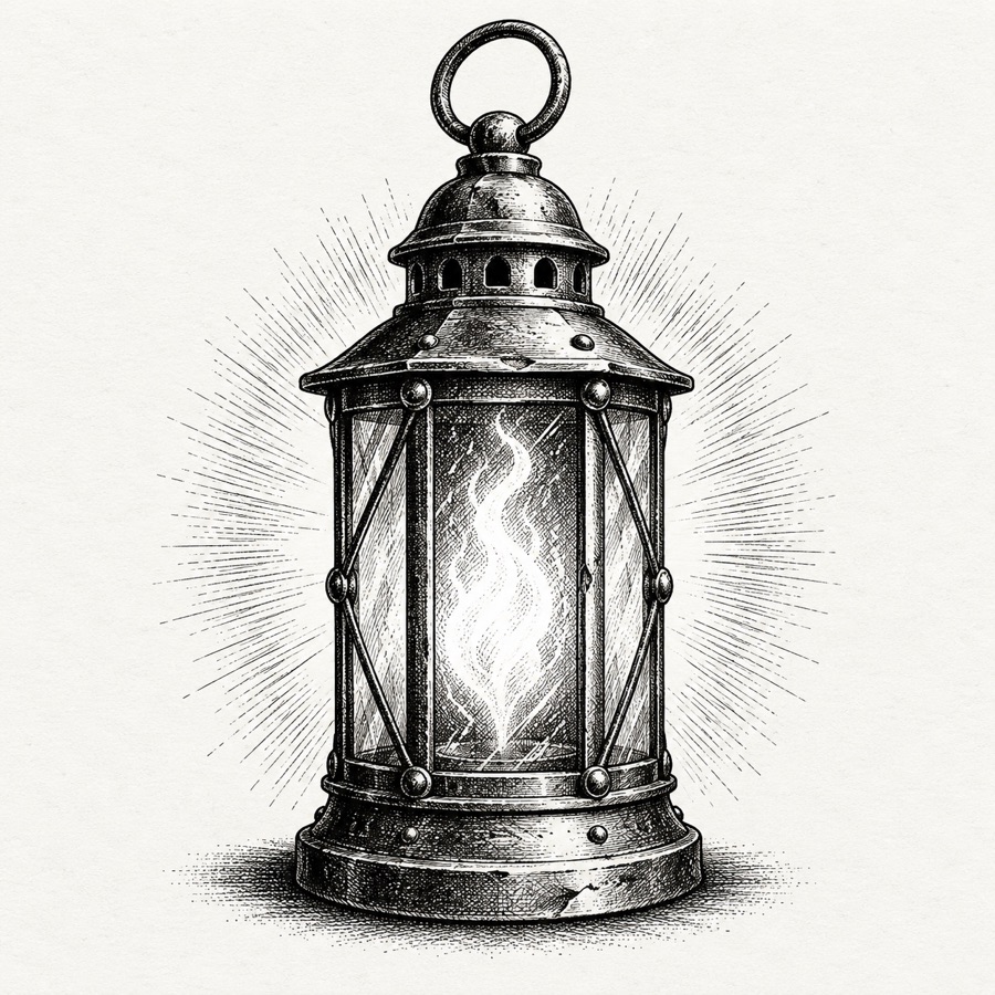 The Lantern of the First Keeper, a simple old brass lantern with a flame that burns without wick or oil, light rays crosshatched around it.