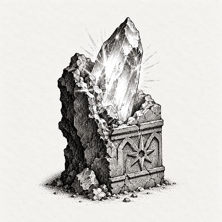 A glow crystal: a rough shard of crystal shining on its own, still half embedded in a broken piece of carved shrine wall.