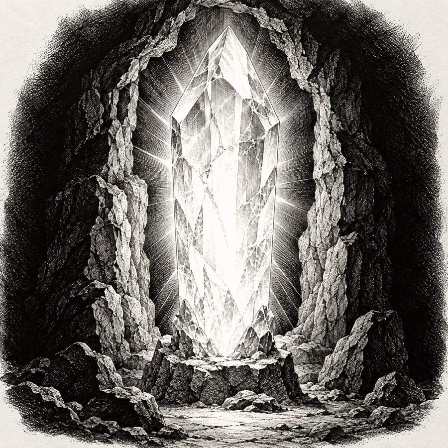 The Last Lamp: a great crystal taller than a man, set in a rough-cut niche of raw rock, blazing with light, the dark pressing against the edges of its glow like water against glass.