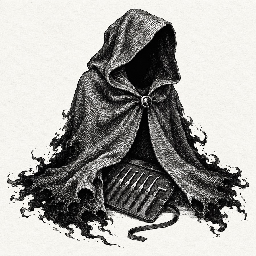 The Mantle of Quiet Steps, a grey hooded cloak whose edges dissolve into shadow, laid over a thief's lockpicks.