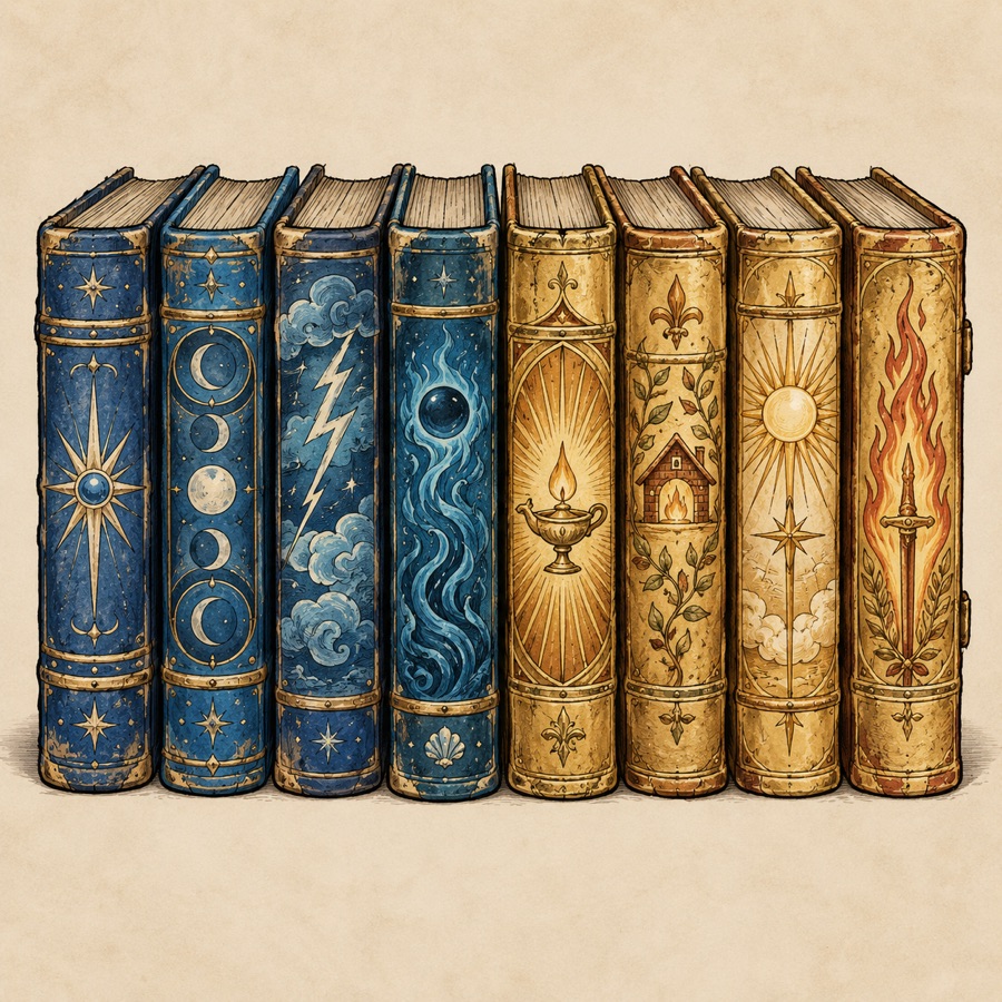 The eight spell books on a shelf: four blue arcane books (Book of First Sparks, Hidden Ways, Storm and Frost, Deep Sorcery) and four gold holy books (Lamp Psalter, Hymns of the Hearth, Litany of Dawn, Rites of the Unbroken Flame), worn and well loved.