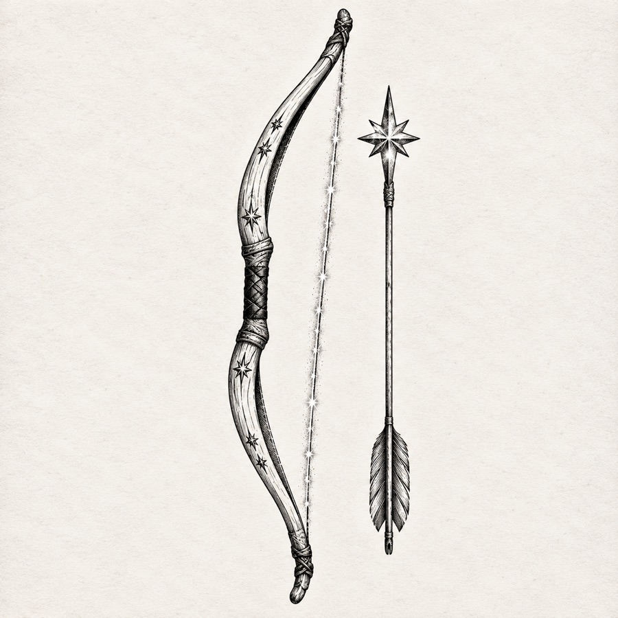 Starfall, a long bow of pale wood strung with a silver string that sparkles, an arrow with a star-shaped head beside it.