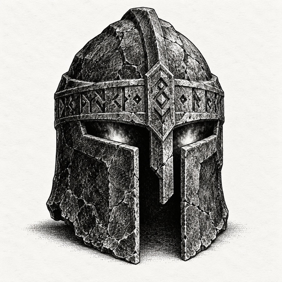 The Stonehelm of the Deep Halls, a great helm carved from one block of dark stone, Stonekin clan runes around the brow, a faint glow inside.