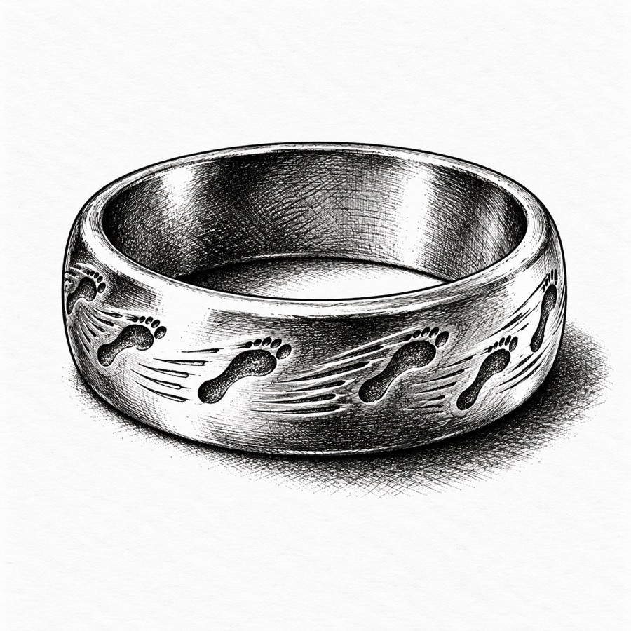 The Band of Swift Feet, a plain silver ring with motion lines and a trail of tiny footprints around it.
