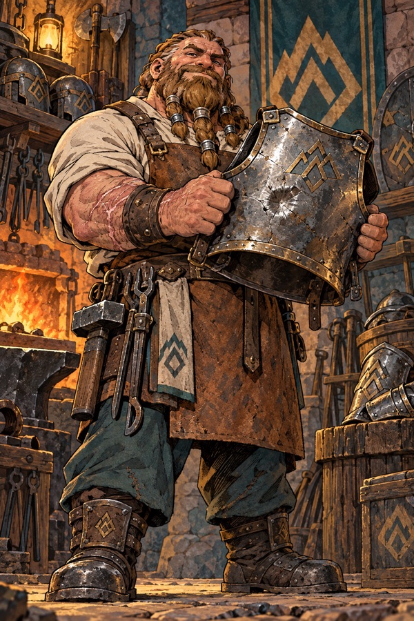Bram Ironside, a broad Stonekin smith with a braided beard and burn-scarred forearms, holding up a dented breastplate in his armoury, a clan mark stamped on everything around him.