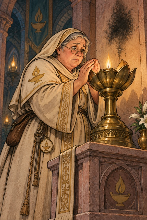Sister Ilvane (see her fixed look above) at the temple altar beside the Eternal Lamp (fixed look), watching its flame with worry.