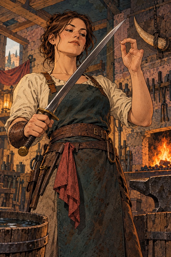 Kessa Edgewright, a lean human weaponsmith with two fingers missing on her left hand, testing a blade's edge on a hair at her bench, a boar's tusk hung over the forge.
