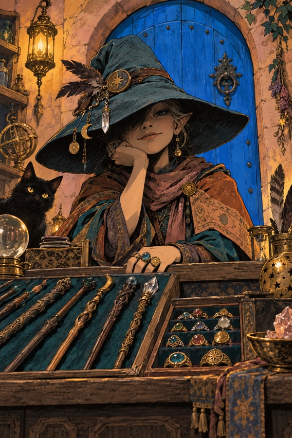 Maelis of the Blue Door, an ageless small figure whose face is always half in shadow under a wide hat, behind a counter of wands and rings, a bright blue door behind them.