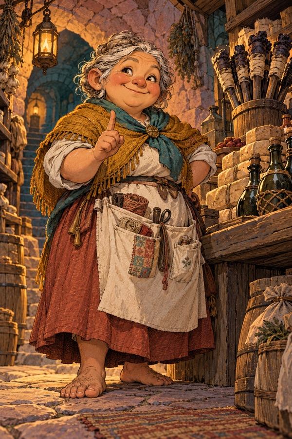 Odda the Provisioner, a small, round Burrowfolk grandmother with a shawl and an apron full of string, at a counter stacked with torches, rations and oil flasks, smiling and wagging a finger.