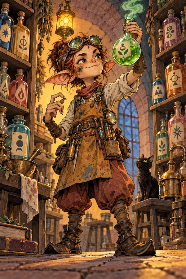 Thorne Vialkeeper, a Tinkerling alchemist with goggles and singed eyebrows, among shelves of coloured bottles all labelled in a strange cipher, a green one smoking.
