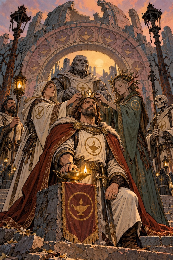 Aldren the Kindler, the first Lamp King, being crowned by Keepers before the Hollow Gate (fixed look), swearing on a lamp.