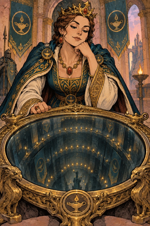 Queen Tamsin the Wise studying the great Mirror of Aurenhold, an ornate mirror whose glass shows dark rings of lamps far below.