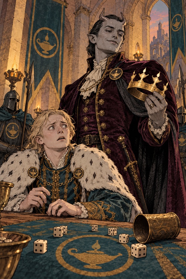Ysmer the Last, a pale, nervous young king at a dice table, his crown already in the hand of Duke Ashvane (fixed look).