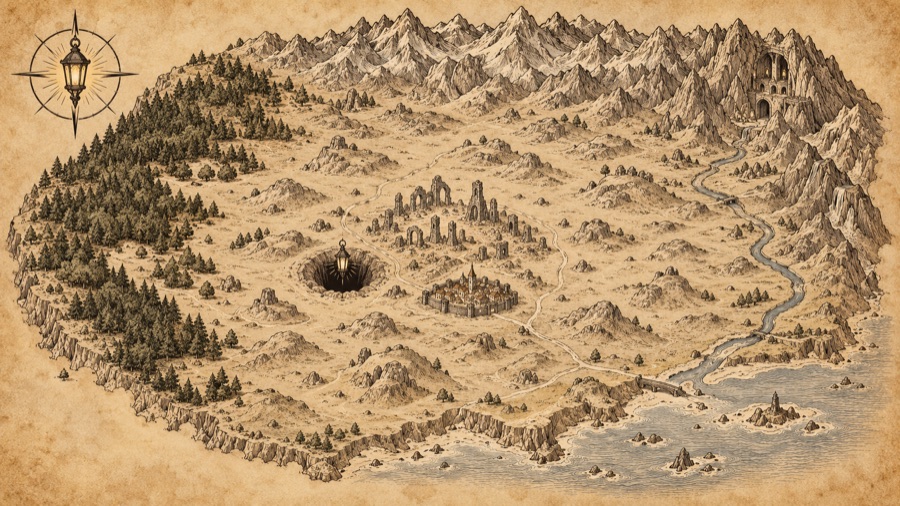 A map of the Hollowmark: a bowl of low stony hills; the Greenroof forest to the west, the Crag Roots mountains to the north, the Deephalls in the eastern mountains, the river Tarrow running south-east to the coast; in the centre the ruined city of Aurenhold with the walled town of Lanternhollow on its southern edge, and a dark sinkhole marked with a lamp symbol.