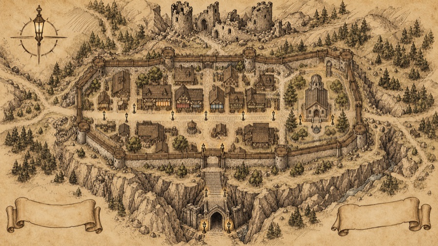 A bird's-eye plan of Lanternhollow: a walled timber town on old stone foundations, one main street with six shop fronts, lamp posts along it, a small temple, the stairs down to the Hollow Gate, and the broken towers of Aurenhold beyond the north wall.