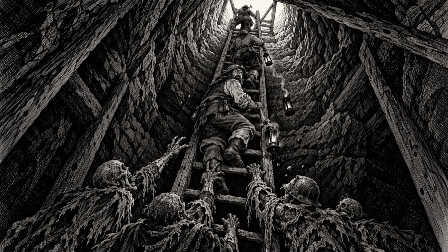 The Night of Open Doors (612 YH): miners fleeing up a mine shaft as the dead climb after them, lanterns going out one by one.