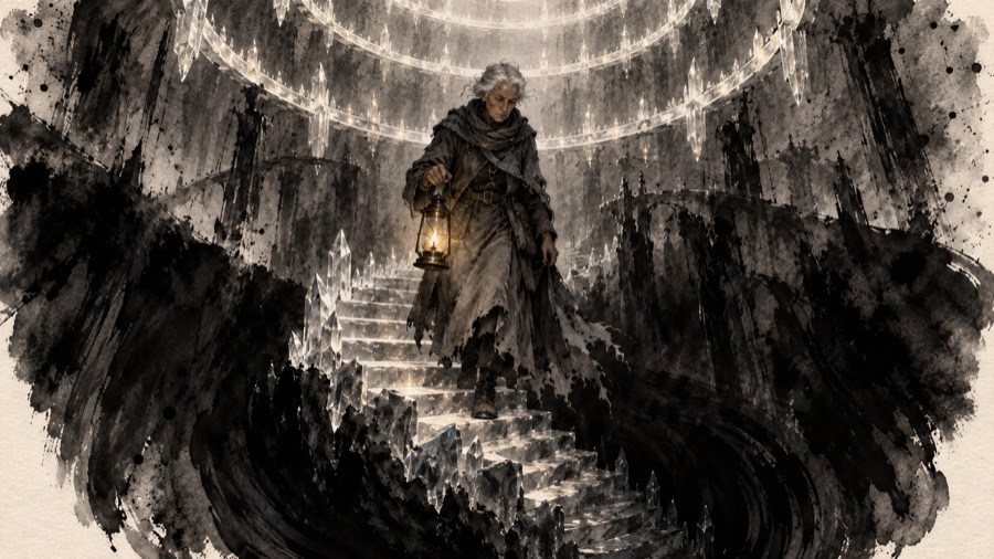 Caedra, an old woman with a lantern, descending a crystal stair into darkness, every ring above her lit.